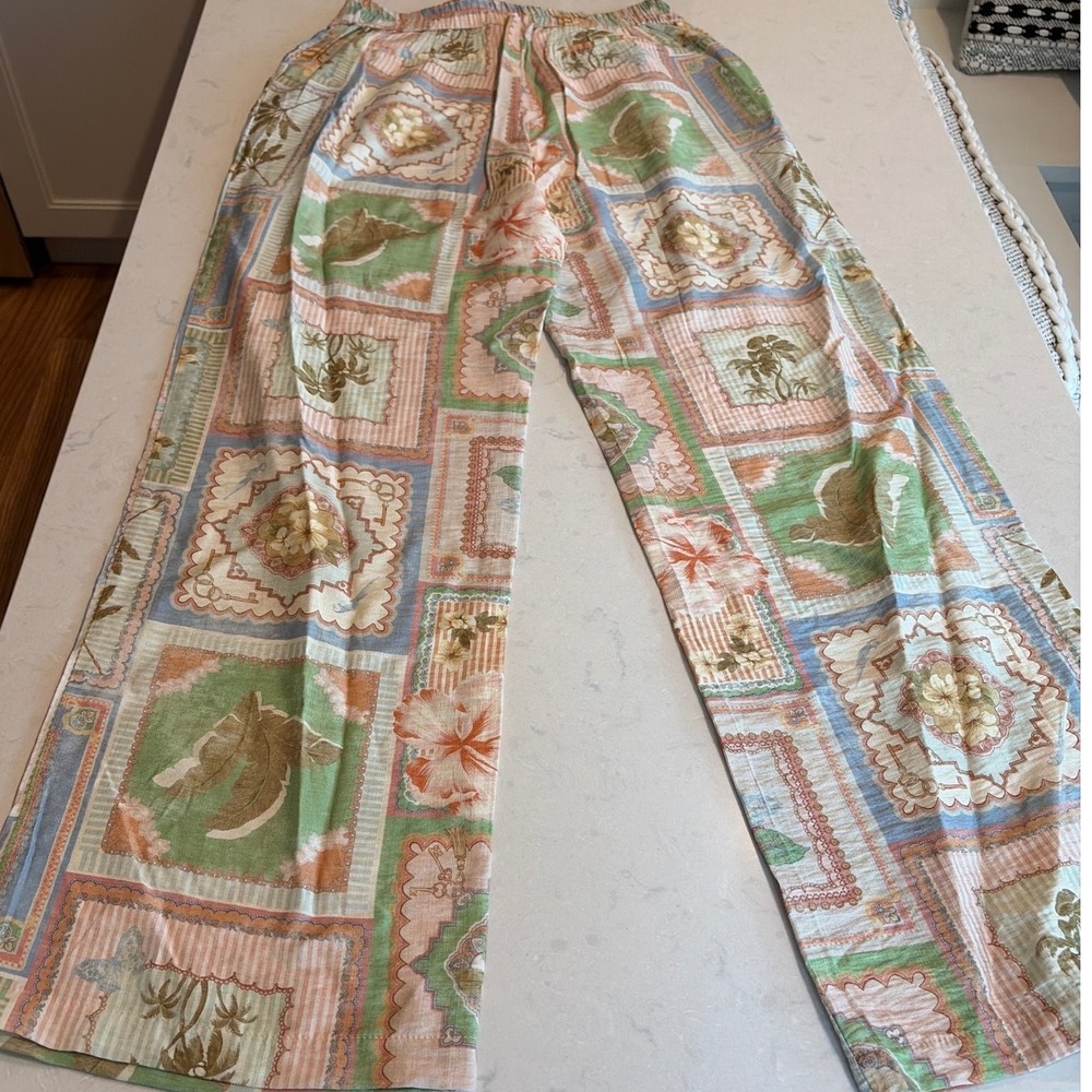 Tullea Los Angeles Wide Leg Pants Womens Large Multi Tropical Patchwork Coastal - Picture 5 of 8